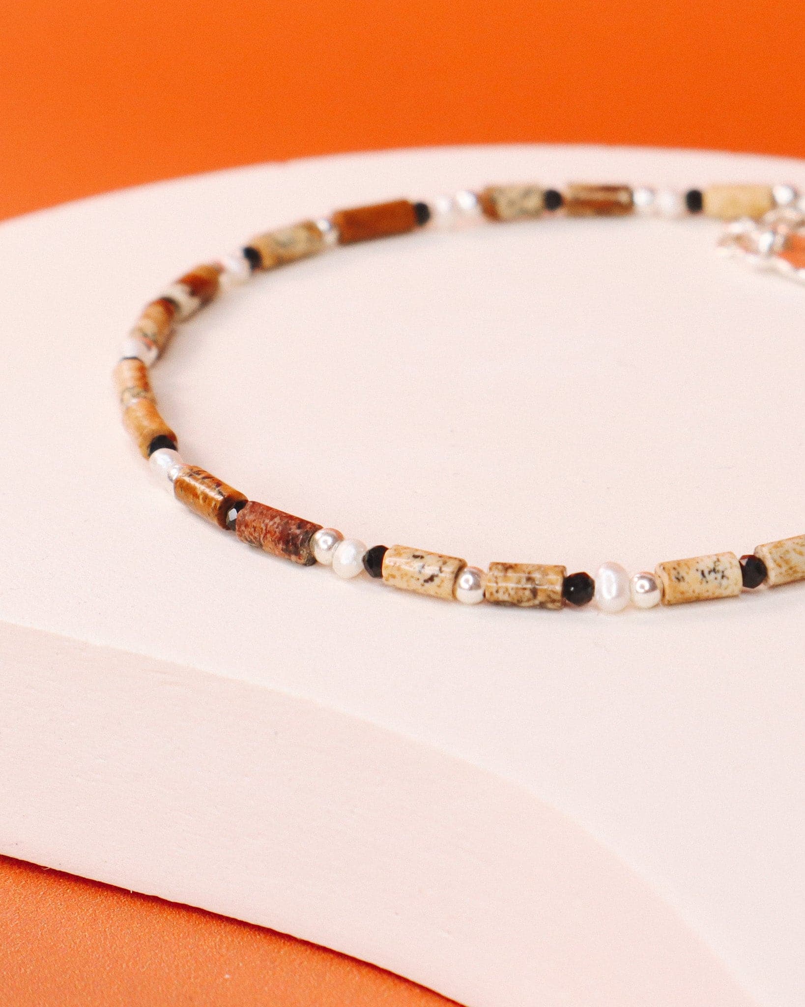 Oudis marron - bracelet perles homme jaspe paysage marron or argent 