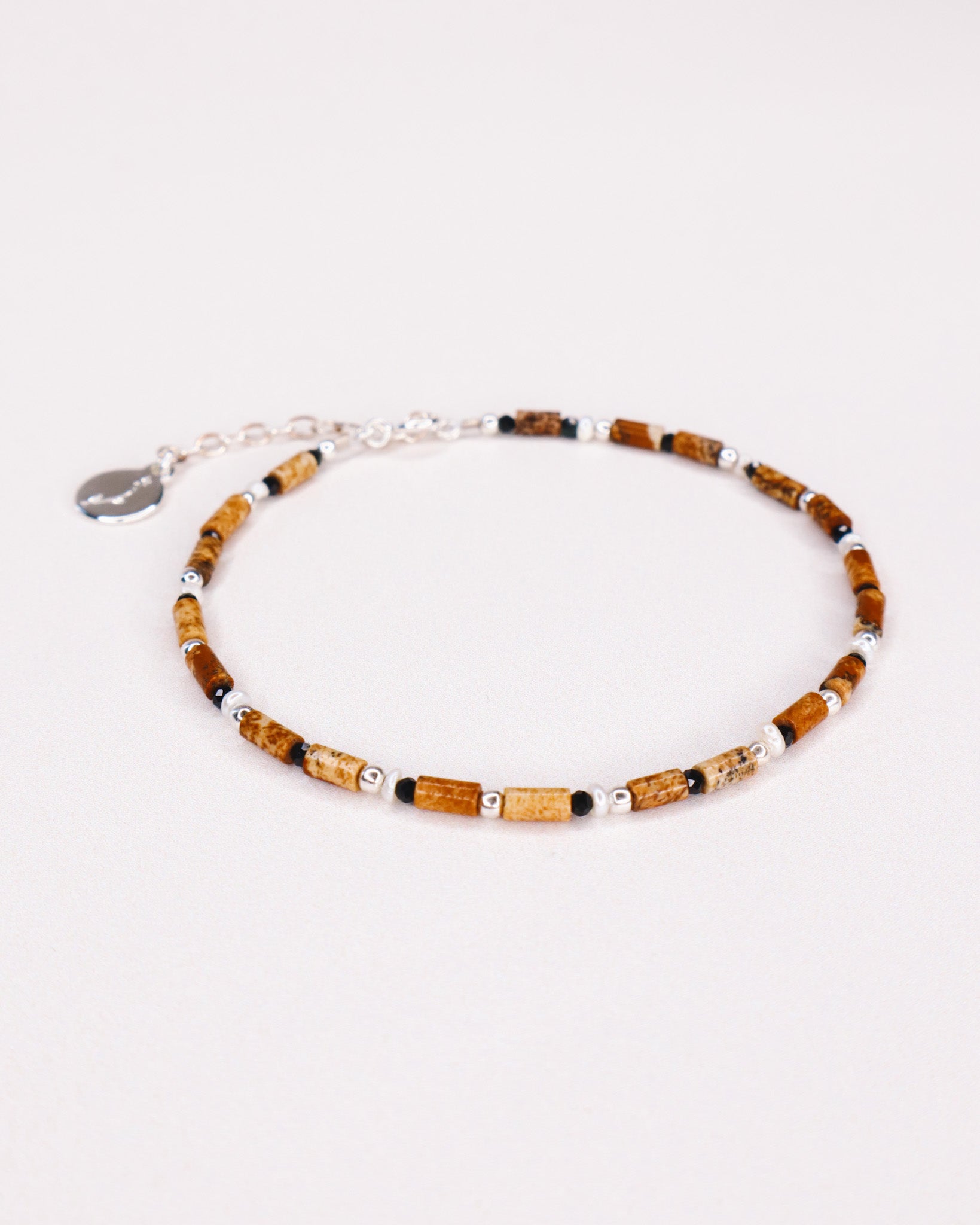 Oudis marron - bracelet perles homme jaspe paysage marron or argent 