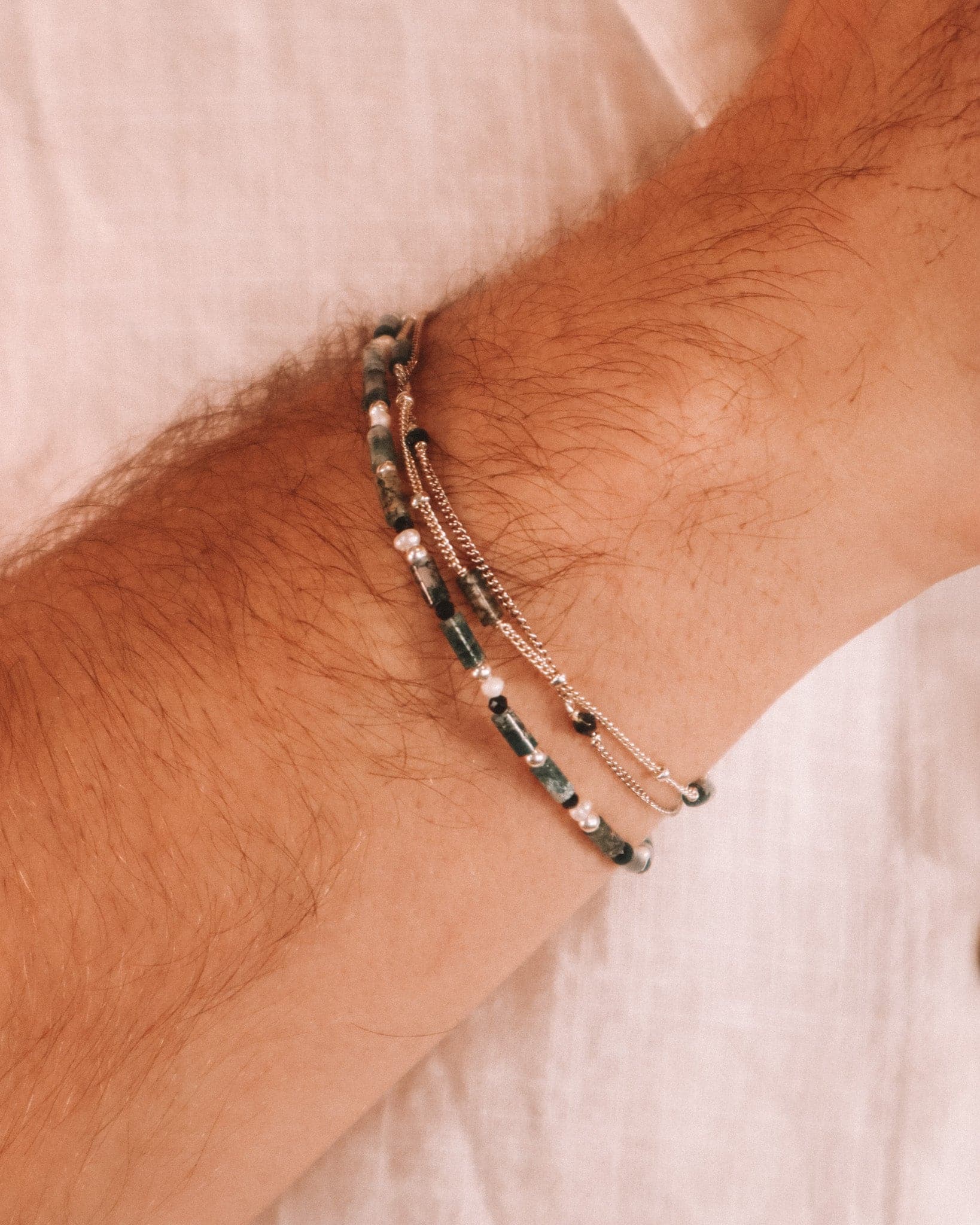 Oudis vert - bracelet pierres homme agate mousse vert or argent 