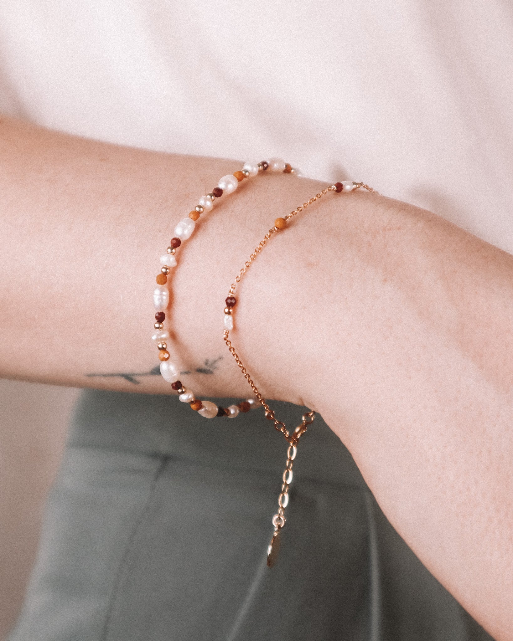 Pesaro - Bracelet femme chaine incrusté perle de culture jaspe mokaite 