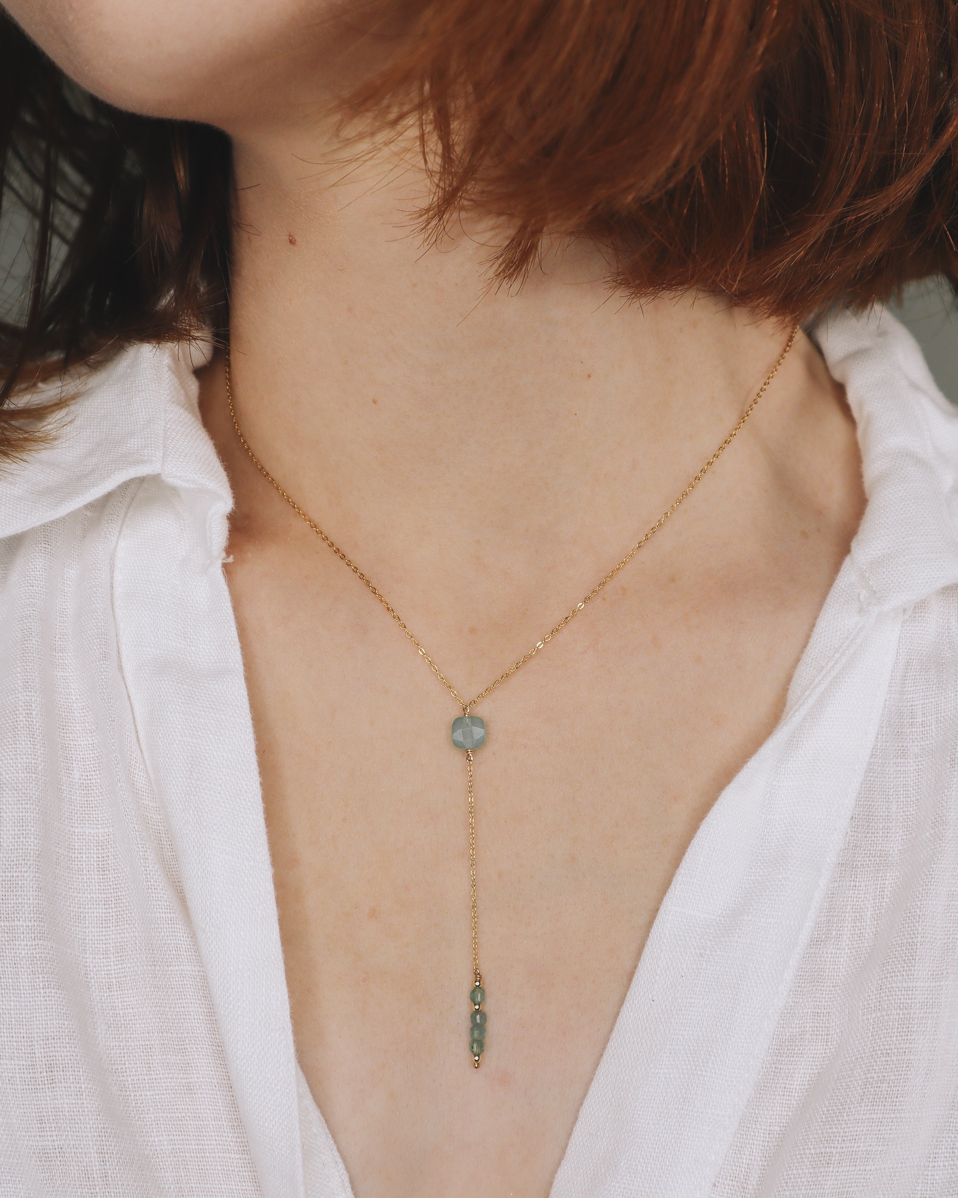 Salat - collier cravate pendant pierres vertes aventurine or ou argent