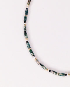 Yezidis vert - Collier court pierres homme agate mousse verte or argent 