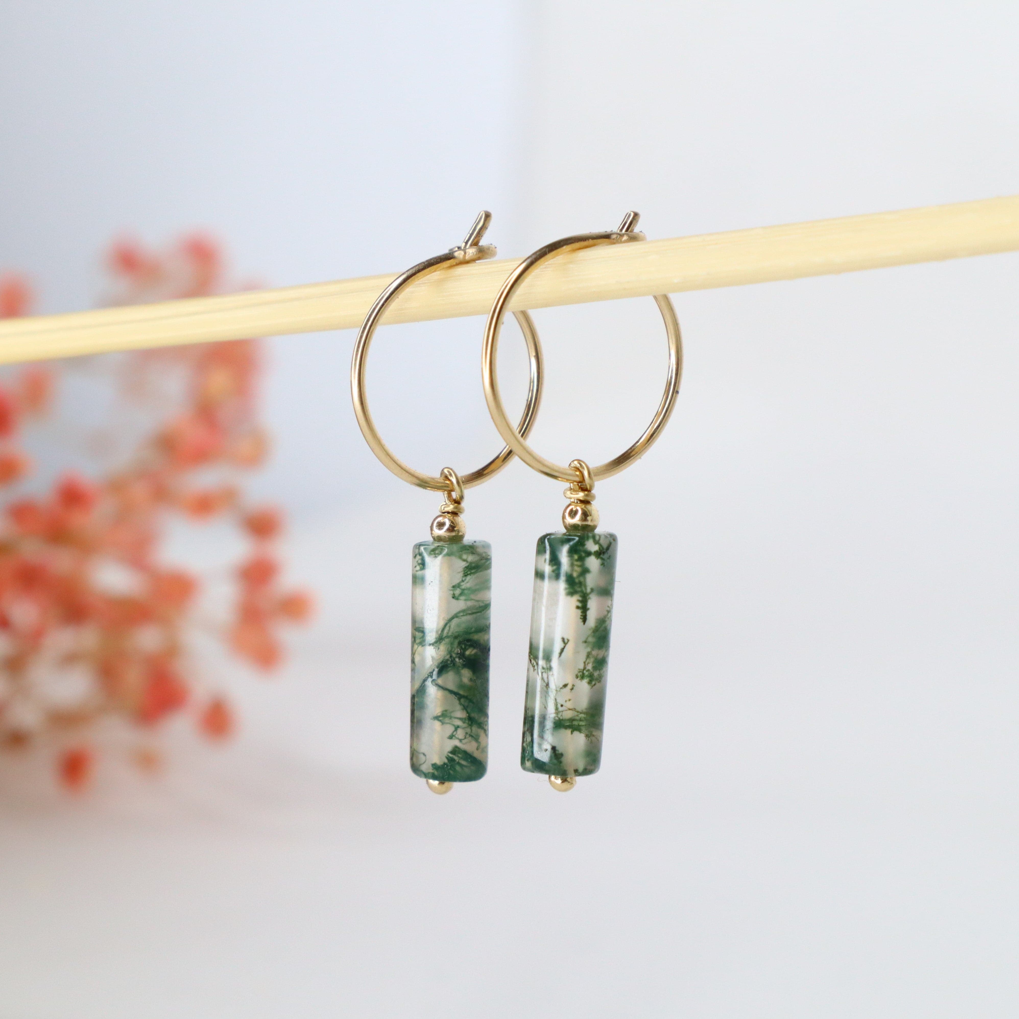 Betula - Boucles d'oreilles creoles pampilles agate mousse verte or ou argent 